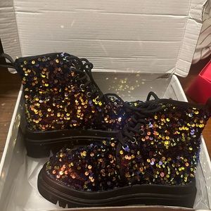 Black sequin combat boots